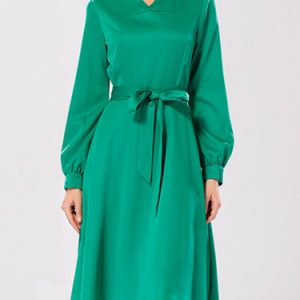 Green Balloon Sleeve V Neck A-line Midi Dress