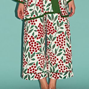 Green Casual Cotton Floral Printed Wide Leg Pants