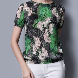 Green Casual Shirred Silk Short Sleeved Top