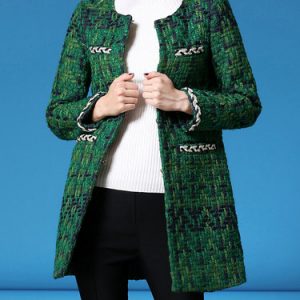 Green Checkered/Plaid Crew Neck Coat With Pockets