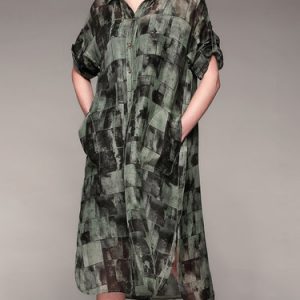 Green Checkered/Plaid Shirt Collar Linen Long Sleeve Shirt Dress