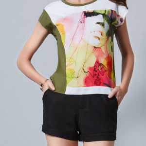 Green Cotton-blend Casual H-line Short Sleeve T-Shirt