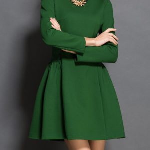 Green Crew Neck Cotton Long Sleeve Mini Dress