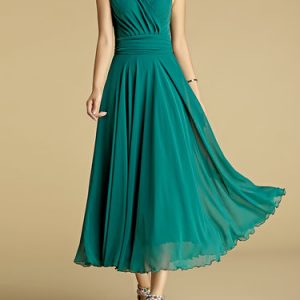 Green Elegant Solid Ruched Swing Maxi Dress