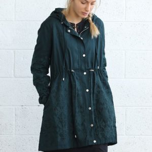 Green Embroidered Cotton Long Sleeve Hoodie Coat