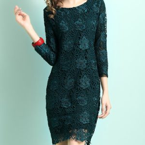 Green Embroidered Floral 3/4 Sleeve Jacquard Midi Dress