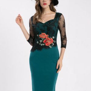 Green Embroidered Sheath 3/4 Sleeve Square Neck Midi Dress