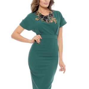 Green Floral Embroidered Short Sleeve Sheath Midi Dress