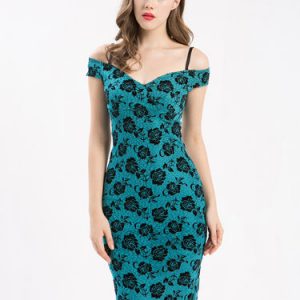 Green Floral Off Shoulder Vintage Midi Dress