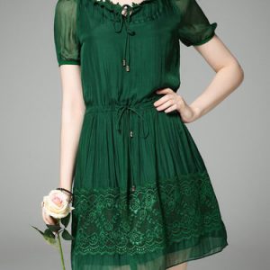 Green Floral Silk Short Sleeve Asymmetric Mini Dress