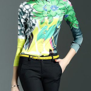 Green Floral V Neck Polyester Casual Blouse