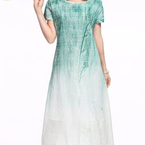 Green Floral-embroidered Batwing Ombre/Tie-Dye Crew Neck Midi Dress