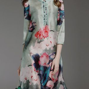 Green Floral-print 3/4 Sleeve Midi Dress