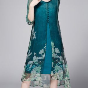 Green Floral-print Casual Silk Midi Dress