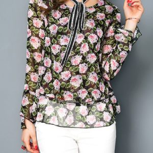 Green Floral-print Floral Chiffon Long Sleeve Crew Neck Blouse