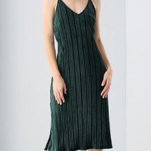 Green Flounce Spaghetti Pleated Midi Dress