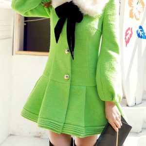 Green Folds A-line Long Sleeve Fuax Fur Coat