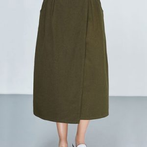 Green Folds Simple Plain Linen Cotton Midi Skirt