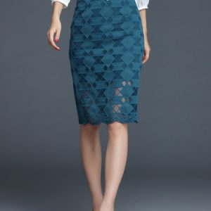 Green Geometric Pierced Work Midi Skirt