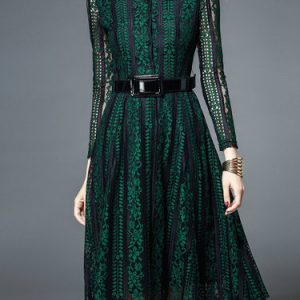 Green Guipure Lace Long Sleeve Midi Dress