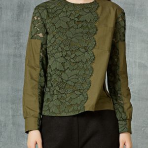 Green H-line Lace Paneled Casual Long Sleeved Top