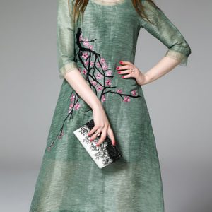 Green Half Sleeve Broderie Midi Dress