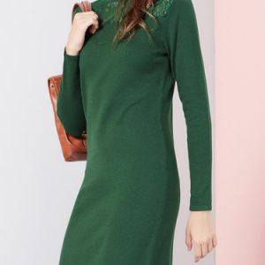 Green Lace Paneled Plain H-line Casual Mini Dress