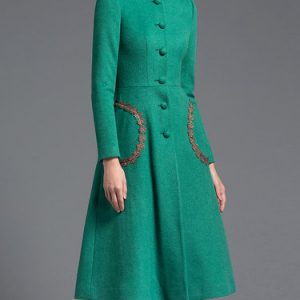 Green Lace Trimmed Long Sleeve Pockets Stand Collar Coat