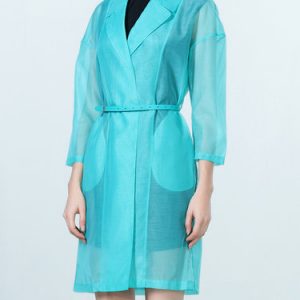 Green Lapel Solid 3/4 Sleeve Casual Coat With Belt