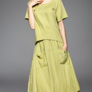 Green Linen Short Sleeve Plain Midi Dress