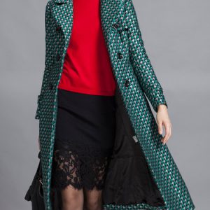 Green Long Sleeve Pockets Printed Coat with Belt