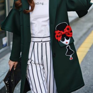 Green Long Sleeve V Neck Graphic Coat