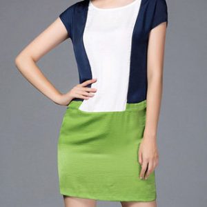 Green Paneled Short Sleeve Polyester Mini Dress