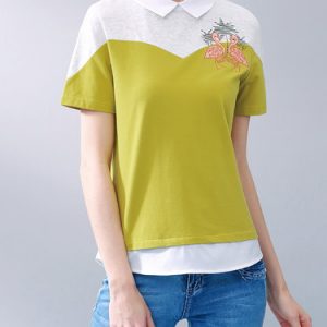 Green Peter Pan Collar Casual Embroidered T-Shirt