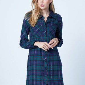 Green Plaid Pockets Long Sleeve Shirt Dress