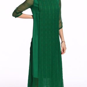 Green Plain A-line Silk Half Sleeve Midi Dress