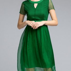 Green Plain Keyhole Short Sleeve Midi Dress