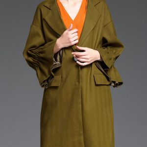 Green Plain Lapel Ruffled Long Sleeve Coat