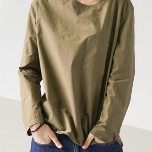 Green Plain Simple Crew Neck Pockets Blouse