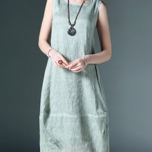 Green Plain Sleeveless Midi Dress