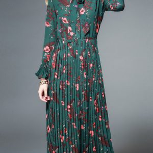 Green Pleated Frill Sleeve A-line Floral Print Midi Dress