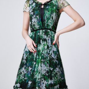 Green Pleated Keyhole Short Sleeve Floral Midi Dress