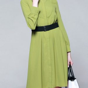 Green Polyester Solid Long Sleeve Midi Dress