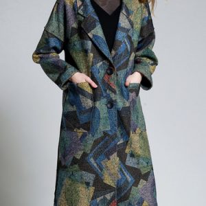 Green Printed Casual H-line Lapel Coat