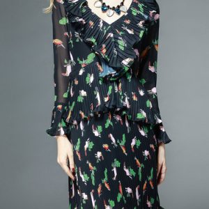 Green Printed Pleated Silk-blend Frill Sleeve Flounce Midi Dress