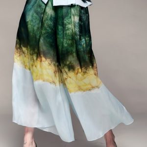 Green Printed Silk Casual Wide Leg Pants