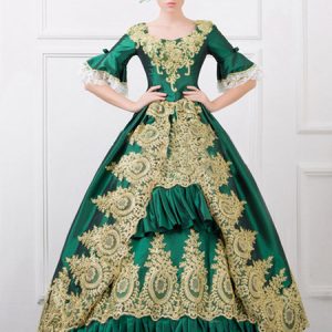 Green Retro Costume Baroque Ruffles Ball Gown Printed Slim Fit Dress Halloween