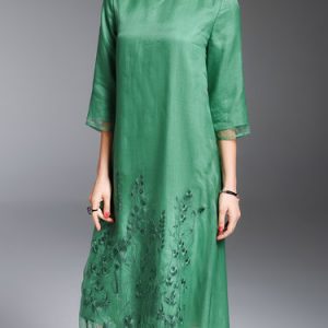 Green Shift Embroidered Casual Silk Midi Dress