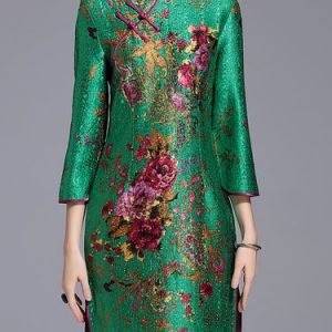 Green Shift Floral-print 3/4 Sleeve Mini Dress