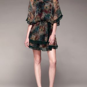 Green Shirred Batwing Silk Floral-print Mini Dress